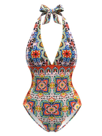 Multicolor 1930s Mediterranean Print Halter One-Piece Swimsuit - vintage swimwear, retro swimsuit, pin-up style for vintage lovers