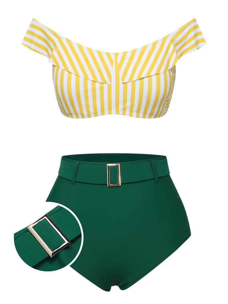 She's wearing Multicolor 1930s Off-Shoulder Stripes Swimsuit and the whole beach remembers the 1930s