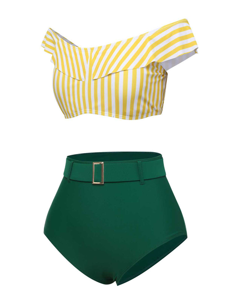 This Multicolor 1930s Off-Shoulder Stripes Swimsuit carries 1930s vacation dreams in every stitch