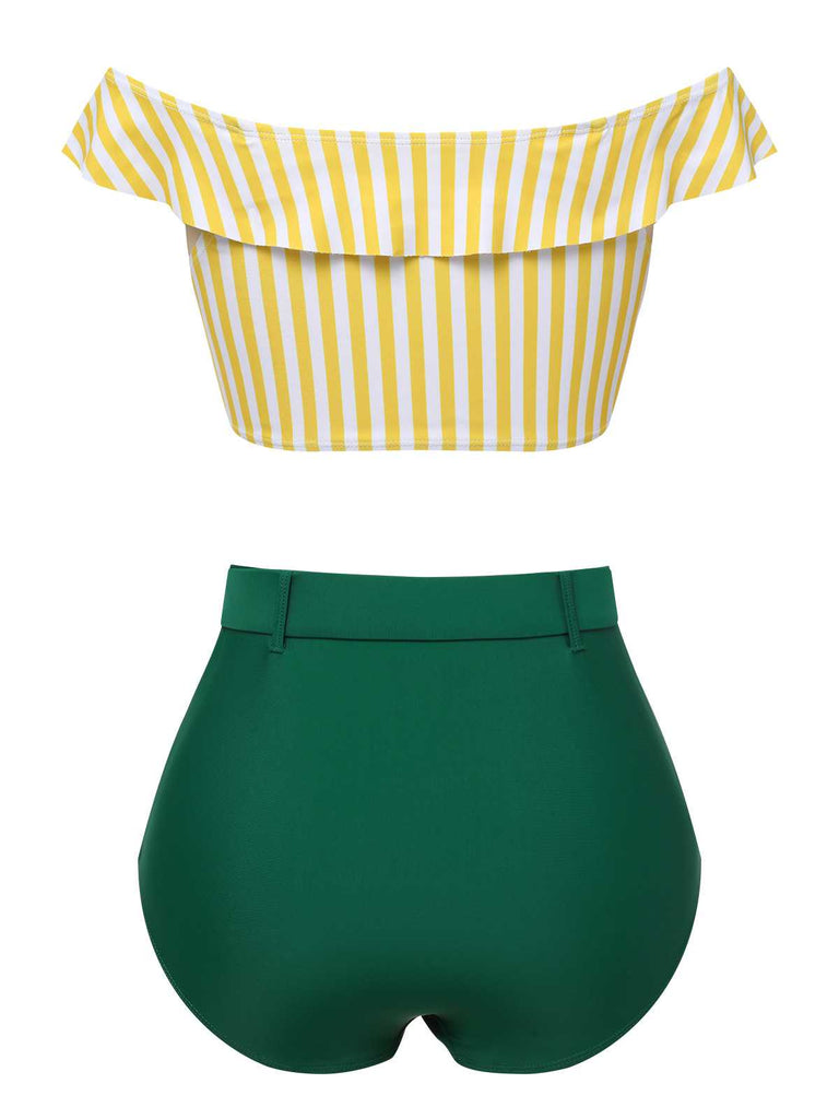 Multicolor 1930s Off-Shoulder Stripes Swimsuit — because 1930s glamour never goes out of style