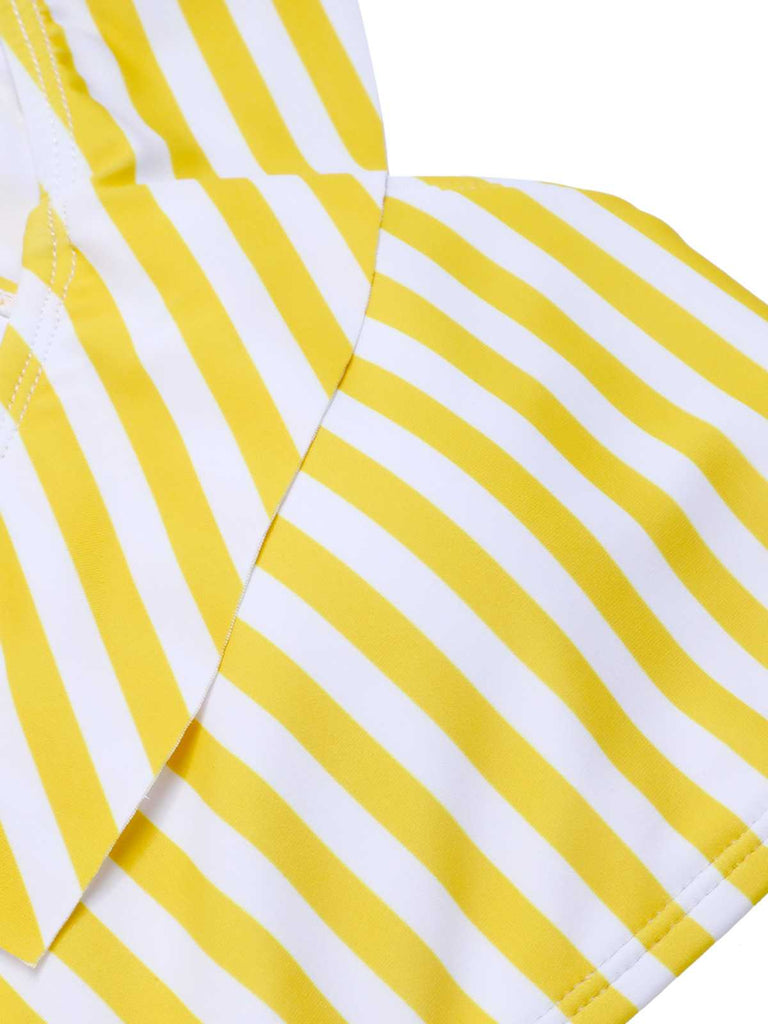 Multicolor 1930s Off-Shoulder Stripes Swimsuit — 1930s poolside glamour meets sun-drenched confidence
