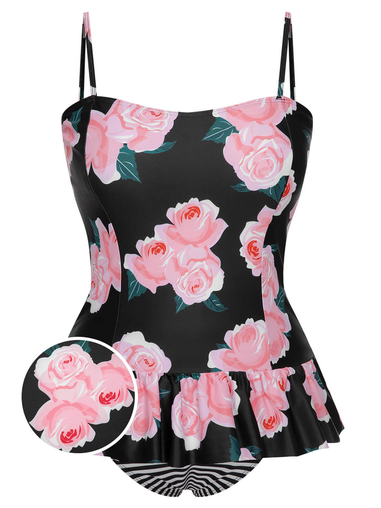 She's wearing Multicolor 1930s Ruffled Hem Printed Swimsuit and the whole beach remembers the 1930s
