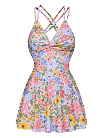 She's wearing Multicolor 1940s Floral Back Cross Straps Swimsuit and the whole beach remembers the 1940s