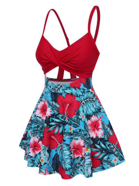 bathing suit dress Retro Stage Floral Hollow Straps Swim Dress Red & Blue