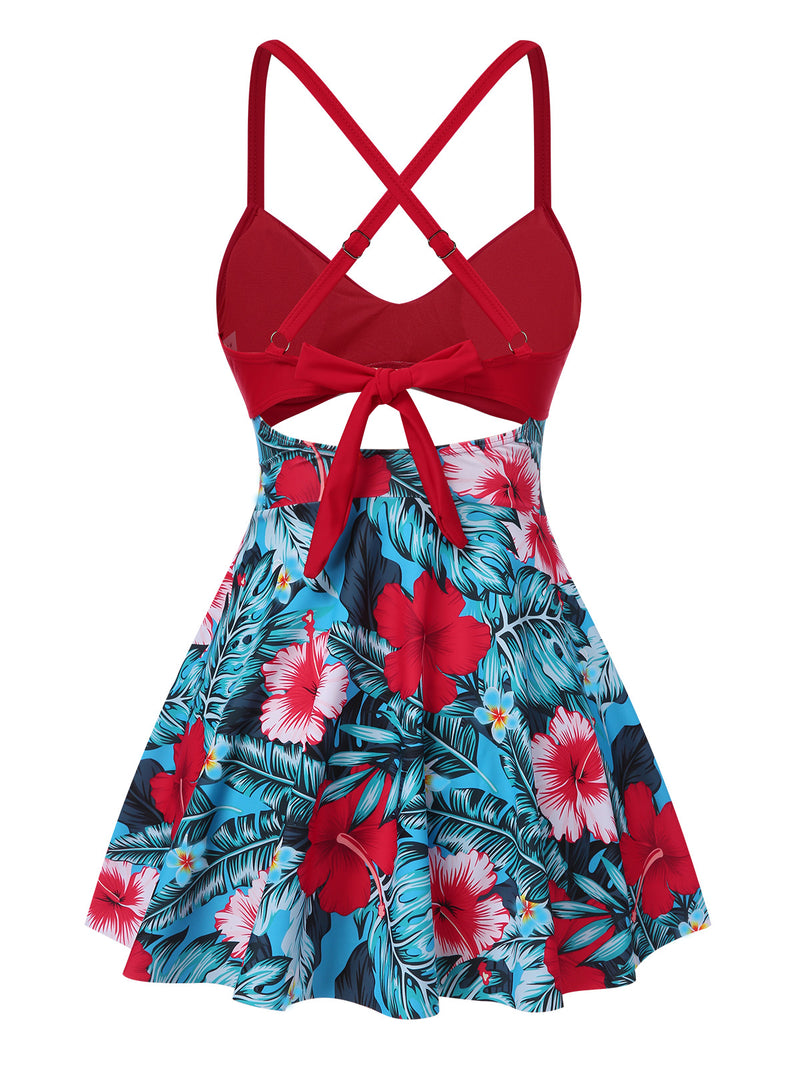 swim dress Retro Stage Floral Hollow Straps Swim Dress Red & Blue
