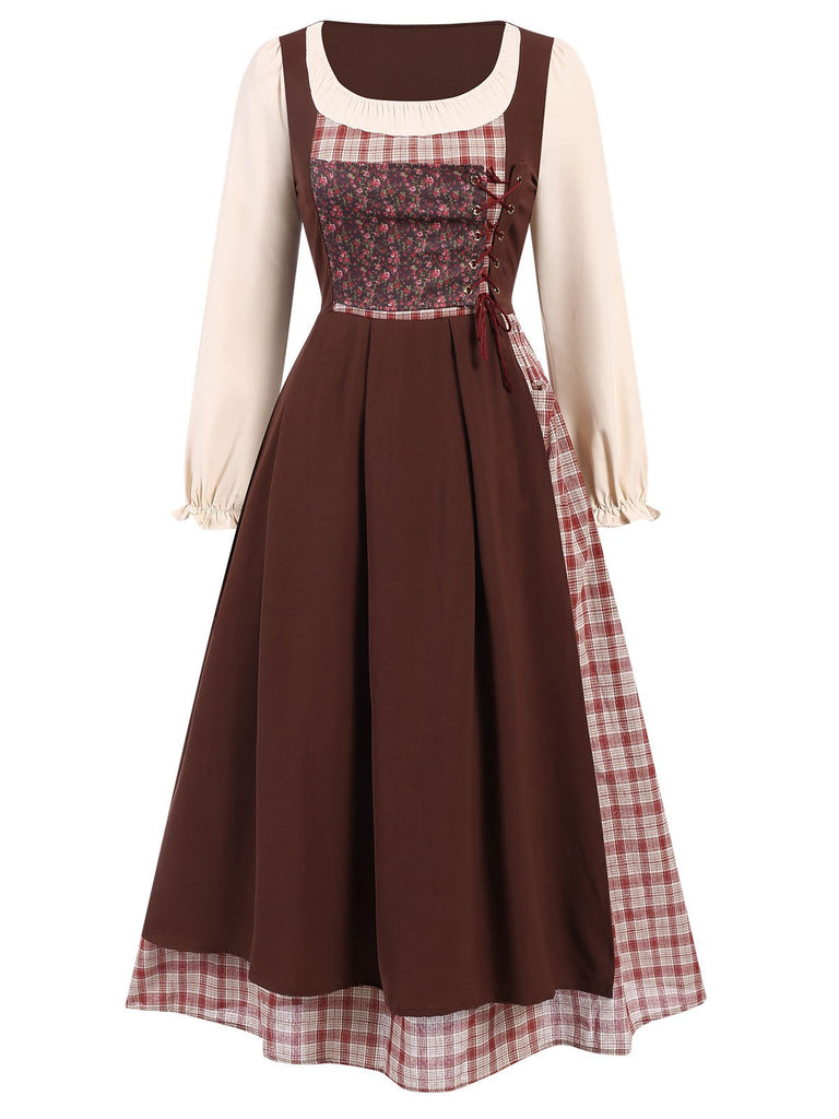 Vintage Floral Plaid Pastoral Cottagecore Dress Medieval Manor Maid Dress Vintage Floral Plaid Pastoral Cottagecore Dress Medieval Manor Maid Dress