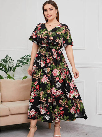 Multicolor 1940s Floral V-Neck Tie-Up Dress: timeless style reimagined