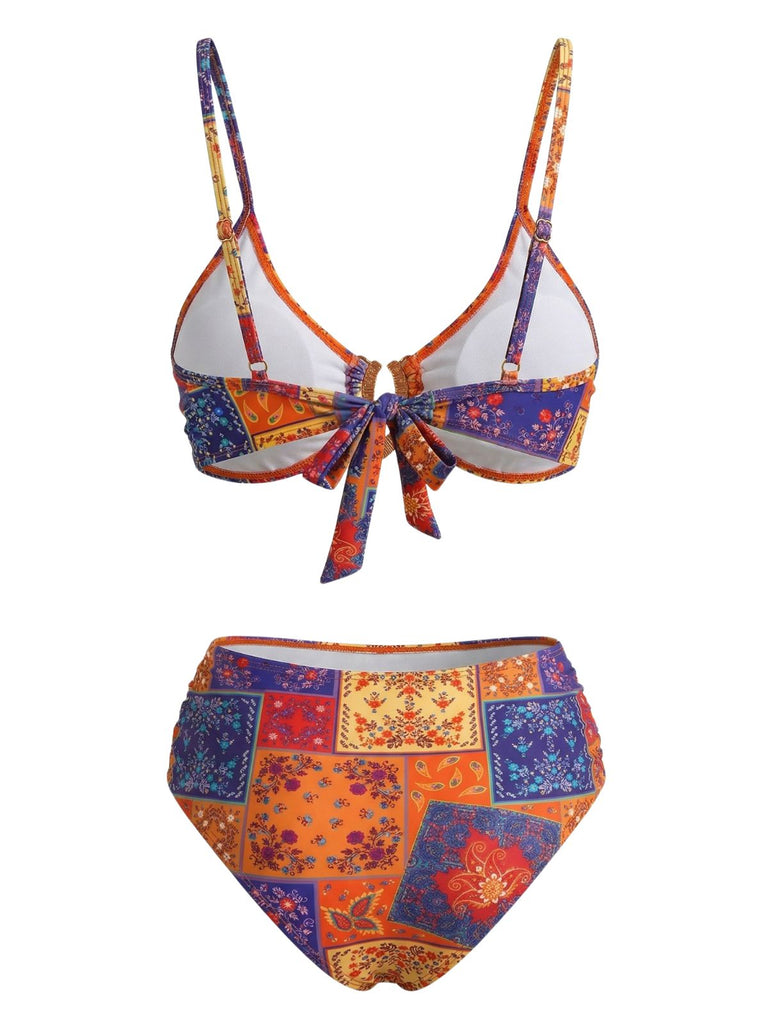 1970s Paisley Floral Bikini Set With Crystal Horseshoe Ring - vintage swimsuit, pin-up swimwear for vintage lovers
