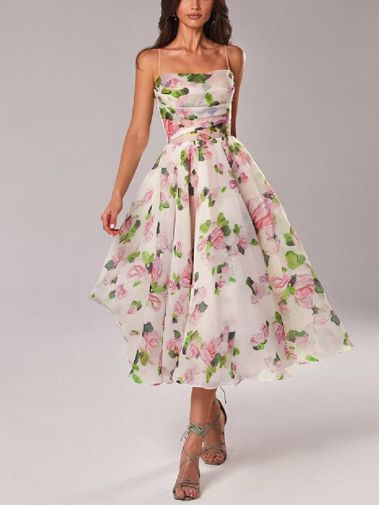 Multicolor 1940s Organza Floral Spaghetti Straps Dress: where 1940s romance meets her modern spirit