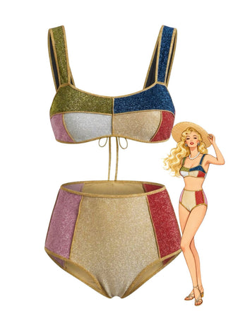 Multicolor 1940s Patchwork Metallic Bikini Set - vintage fashion, retro style