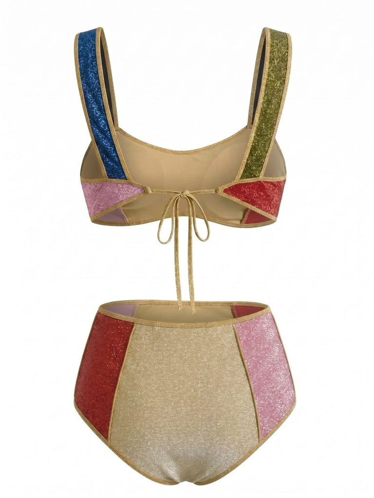 Multicolor 1940s Patchwork Metallic Bikini Set, vintage swimsuit, pin-up swimwear - perfect for women who love vintage and retro fashion