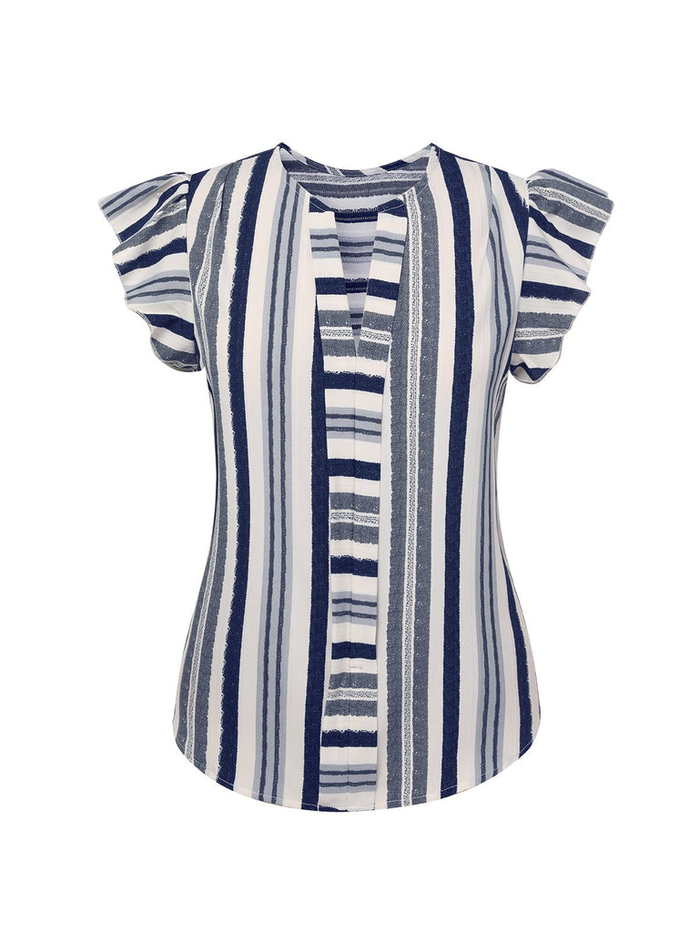 Multicolor 1940s Striped Ruffles V-Neck Cap Blouse, vintage top, retro blouse - perfect for women who love vintage and retro fashion