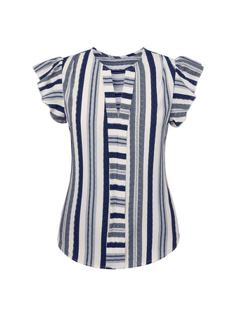 Multicolor 1940s Striped Ruffles V-Neck Cap Blouse, vintage top, retro blouse - perfect for women who love vintage and retro fashion