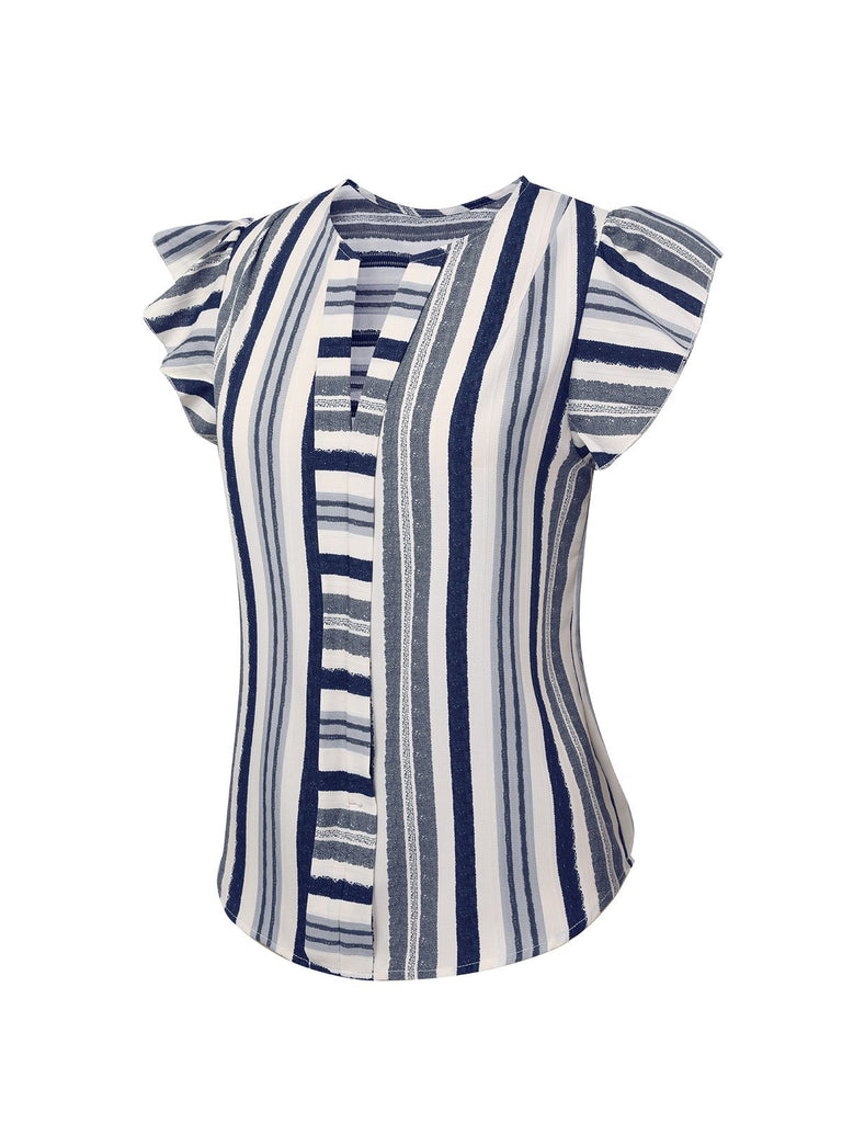 Multicolor 1940s Striped Ruffles V-Neck Cap Blouse, vintage top, retro blouse - perfect for women who love vintage and retro fashion
