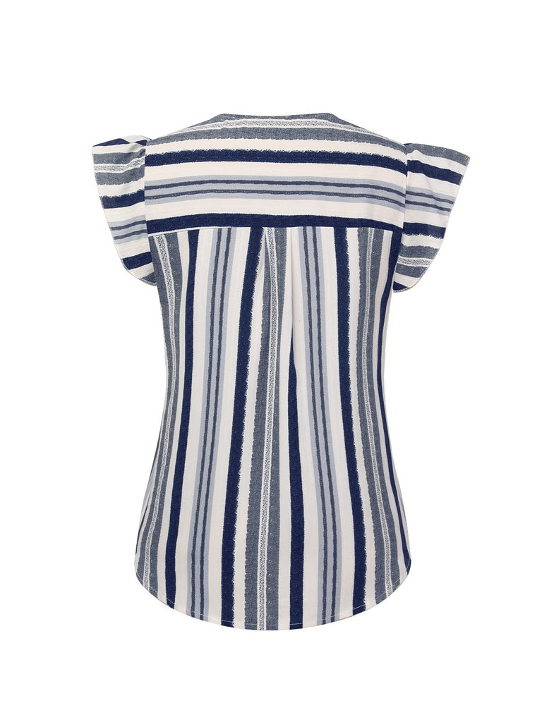 Multicolor 1940s Striped Ruffles V-Neck Cap Blouse, vintage top, retro blouse - perfect for women who love vintage and retro fashion