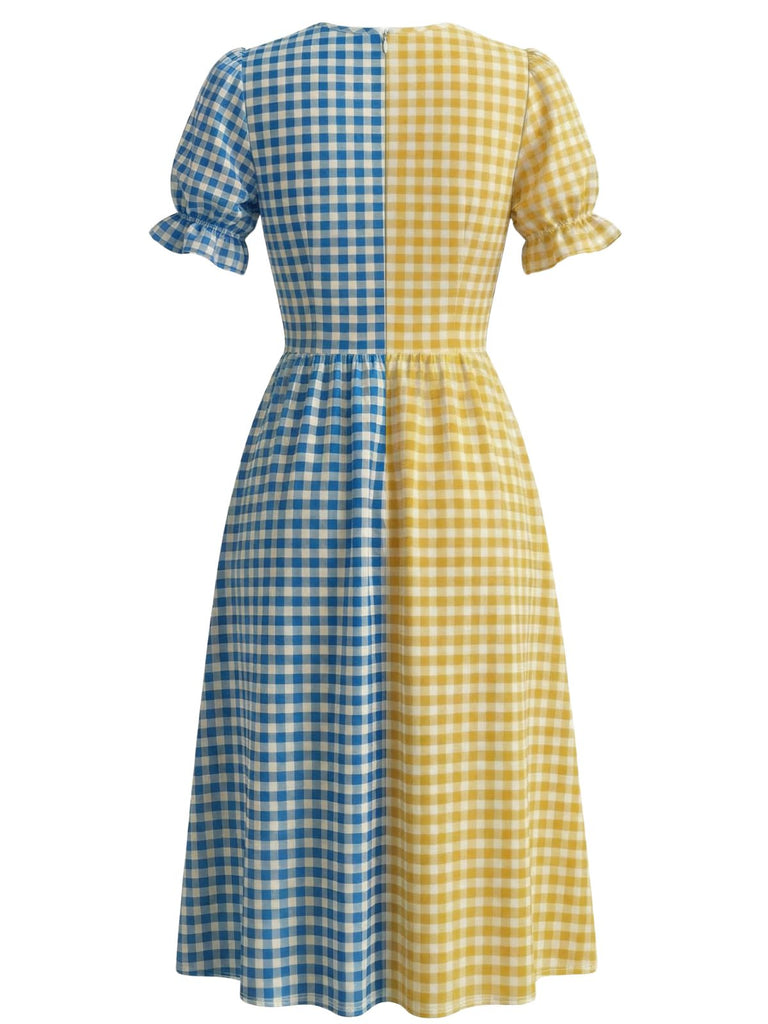 Multicolor 1940s V-Neck Plaid Patchwork Swing Dress