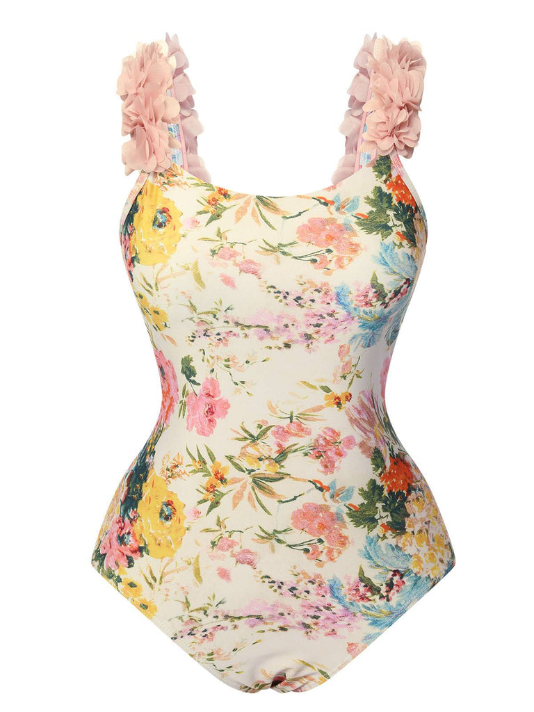 Multicolor 1950s 3D-Flowers Spaghetti Straps Swimsuit, vintage swimsuit, pin-up swimwear - perfect for women who love vintage and retro fashion