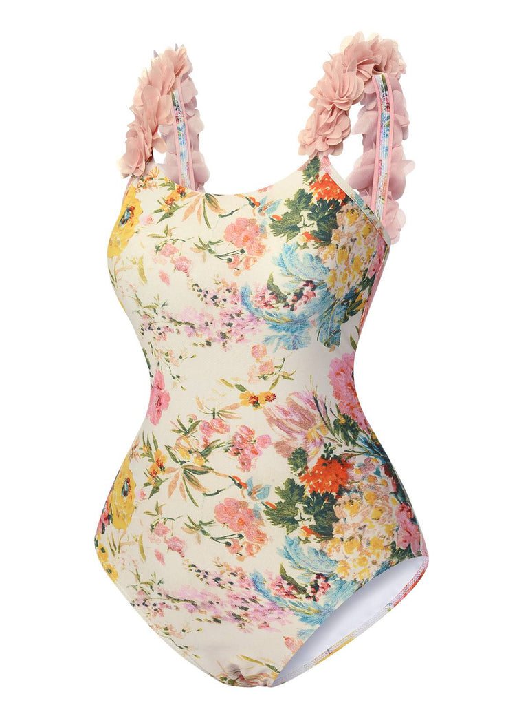 Multicolor 1950s 3D-Flowers Spaghetti Straps Swimsuit, vintage swimsuit, pin-up swimwear - perfect for women who love vintage and retro fashion