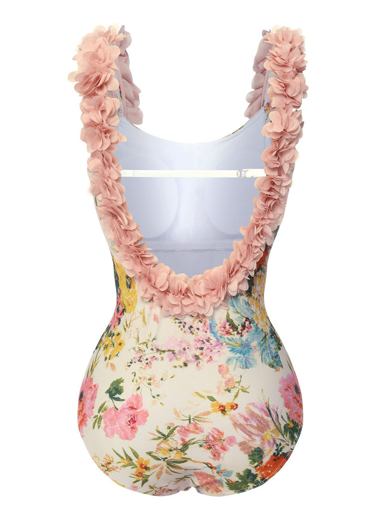 Multicolor 1950s 3D-Flowers Spaghetti Straps Swimsuit, vintage swimsuit, pin-up swimwear - perfect for women who love vintage and retro fashion