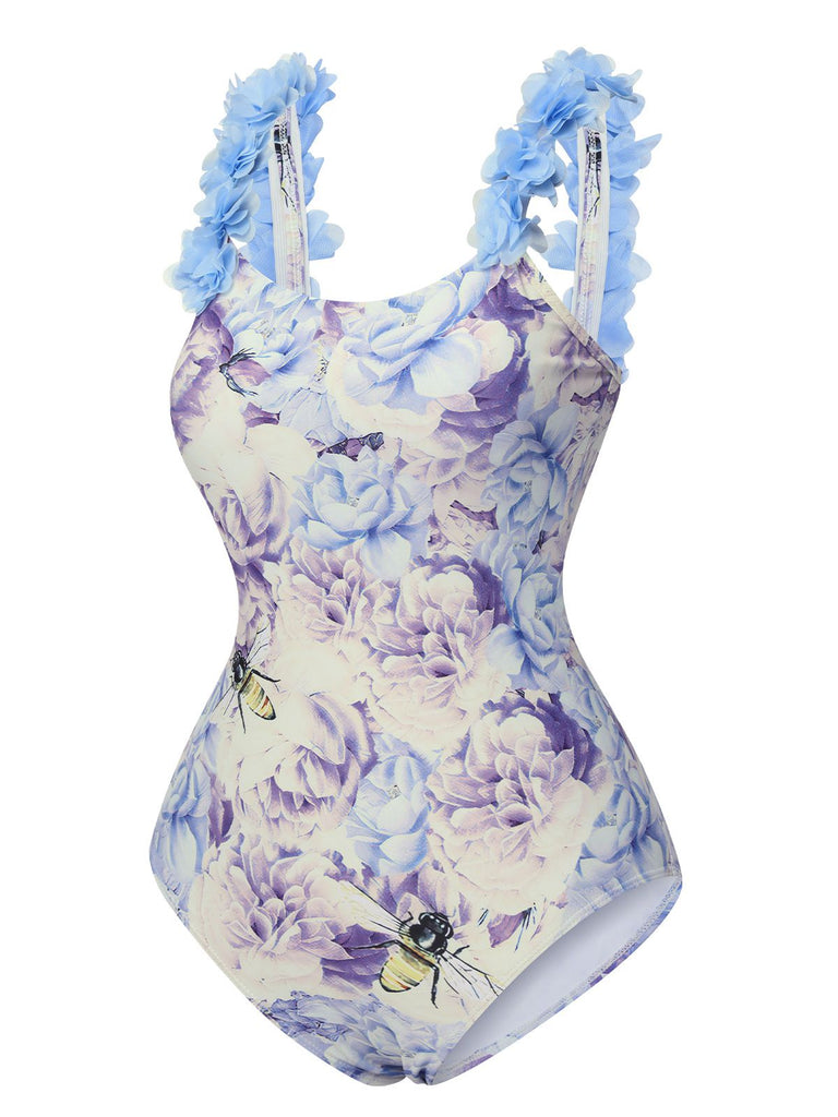 Multicolor 1950s 3D-Flowers Spaghetti Straps Swimsuit, vintage swimsuit, pin-up swimwear - perfect for women who love vintage and retro fashion