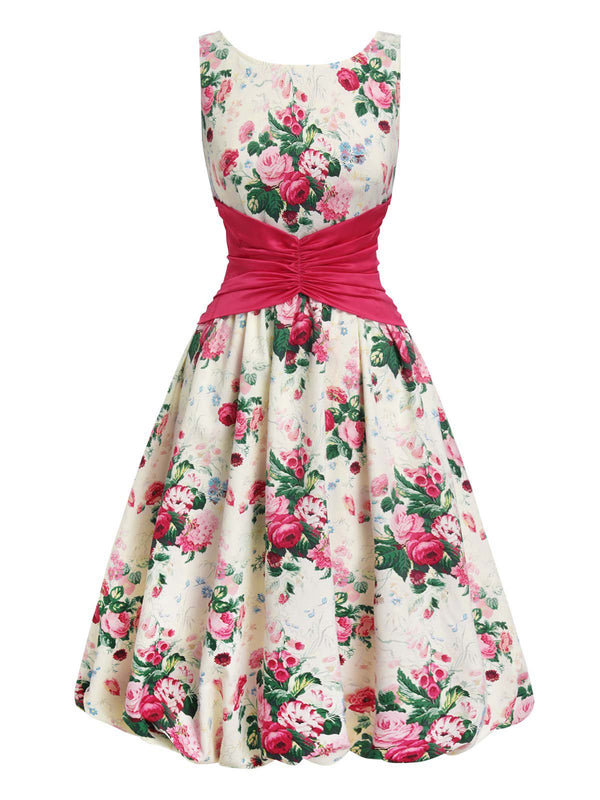 Vintage 1950s Pink Rose Print Fit & Flare Dress