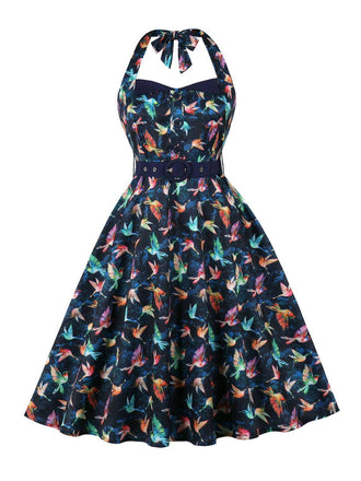 Multicolor 1950s Bird Halter Neck Belted Dress - vintage dress, retro fashion, rockabilly