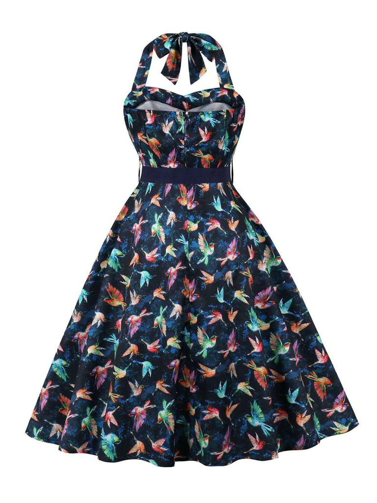 Multicolor 1950s Bird Halter Neck Belted Dress - vintage dress, retro fashion, rockabilly
