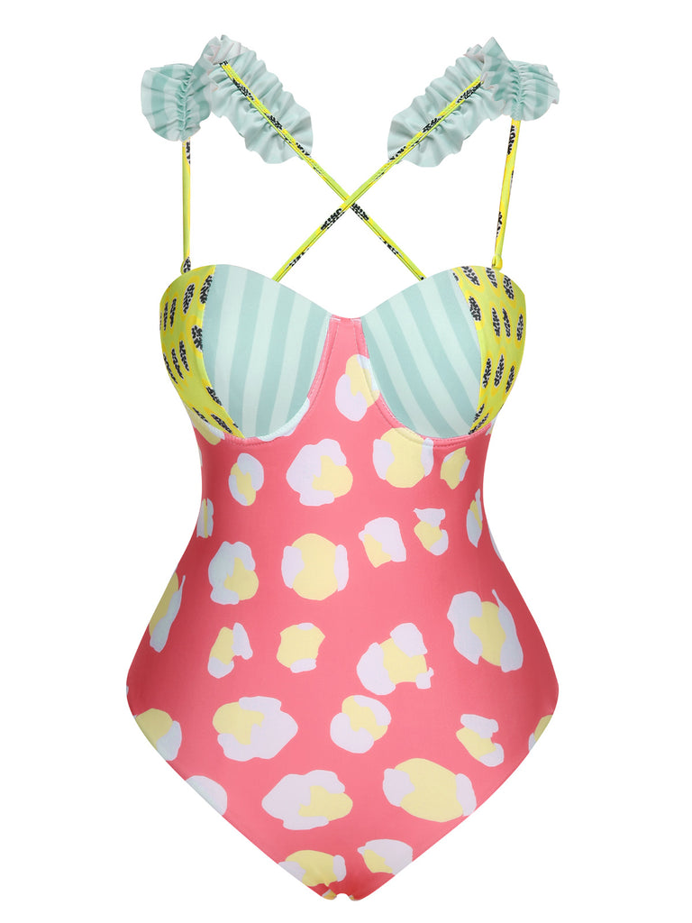 Multicolor 1950s Cartoon Patchwork Swimsuit, vintage swimsuit, pin-up swimwear - perfect for women who love vintage and retro fashion