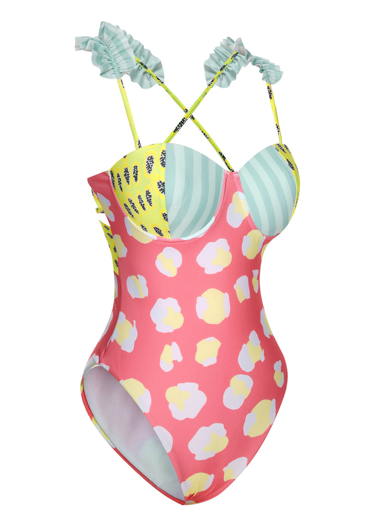 Multicolor 1950s Cartoon Patchwork Swimsuit, vintage swimsuit, pin-up swimwear - perfect for women who love vintage and retro fashion