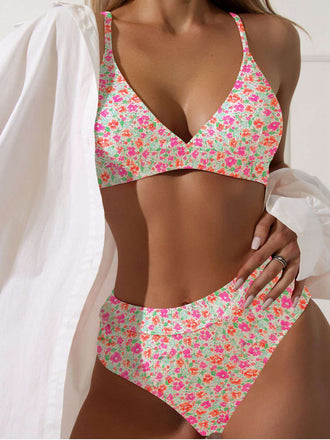 Multicolor 1950s Ditsy Floral Tie Back Bikini Set - vintage fashion, retro style