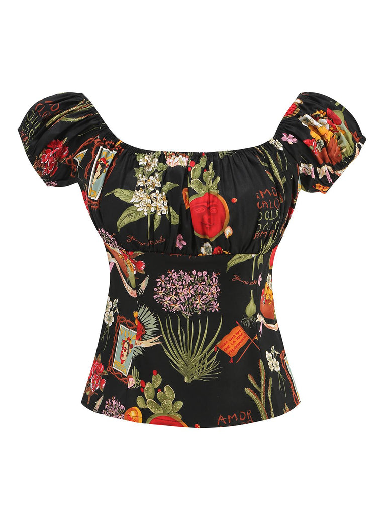 She pairs this Multicolor 1950s Floral U-Neck Cap Top with confidence and 1950s charm