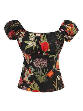 She pairs this Multicolor 1950s Floral U-Neck Cap Top with confidence and 1950s charm