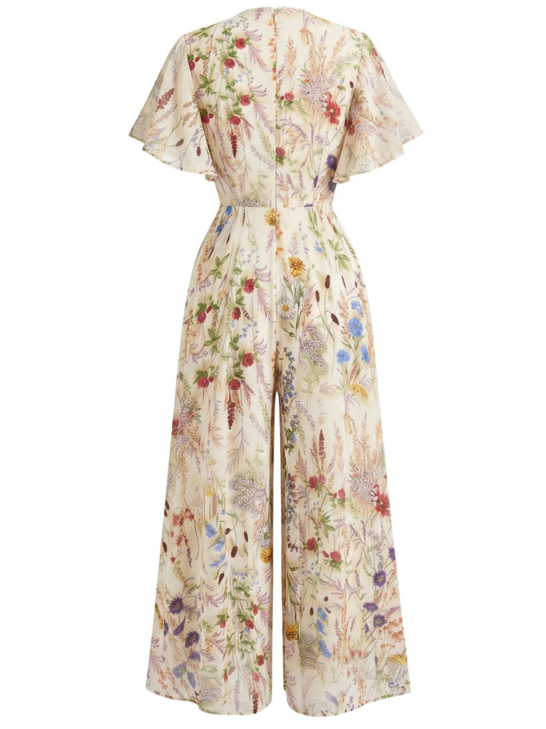 Multicolor-1950s-Floral-V-Neck-Chiffon-Flutter-Sleeve-Jumpsuit, vintage, retro, romper