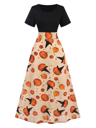 She slips into this Multicolor 1950s Halloween Pumpkin Patchwork Dress and suddenly it's a 1950s daydream