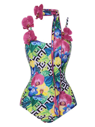 [Pre-Sale] Multicolor 1950s Halter Artificial Flowers Swimsuit, vintage swimsuit, pin-up swimwear - perfect for women who love vintage and retro fashion