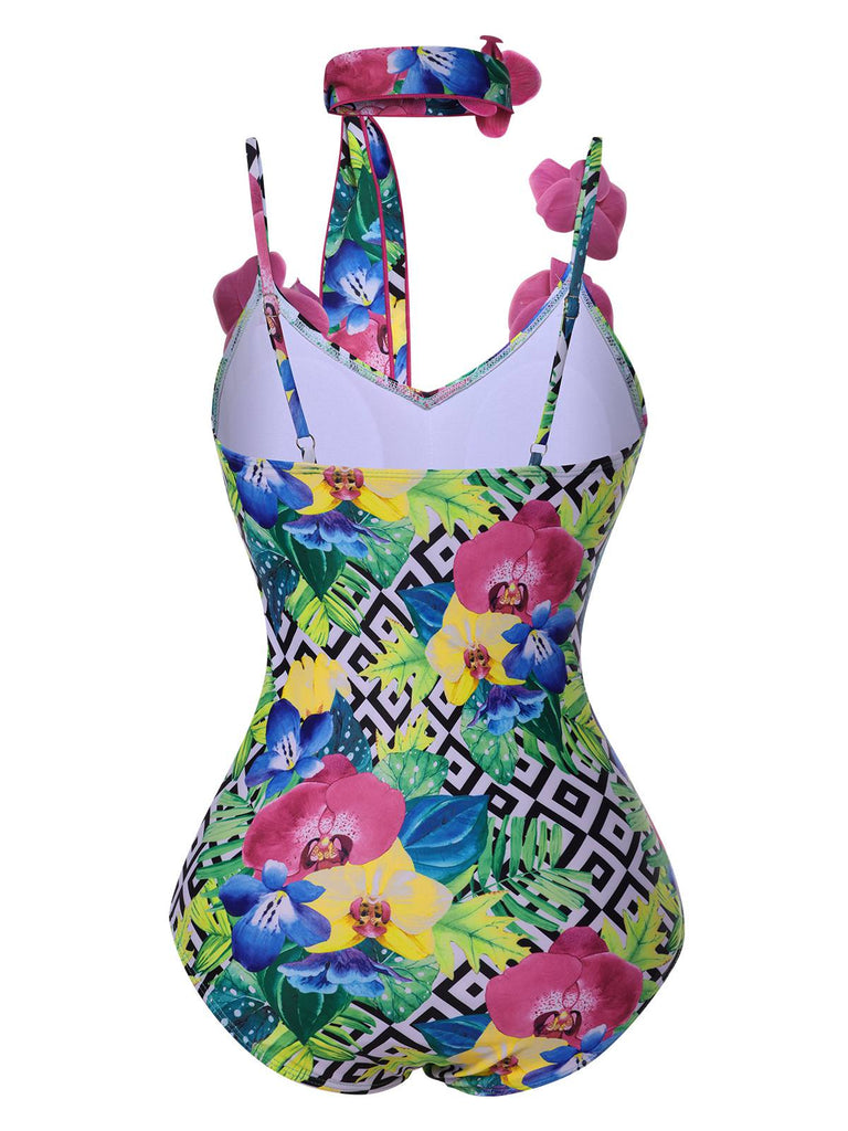 [Pre-Sale] Multicolor 1950s Halter Artificial Flowers Swimsuit, vintage swimsuit, pin-up swimwear - perfect for women who love vintage and retro fashion