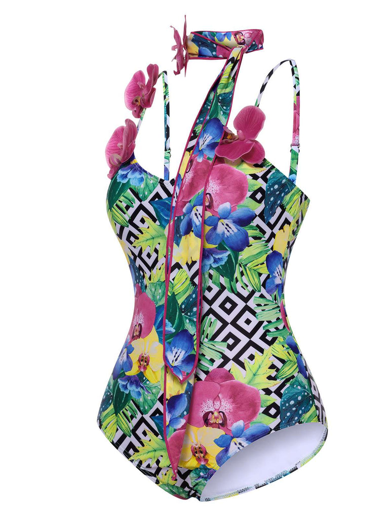 [Pre-Sale] Multicolor 1950s Halter Artificial Flowers Swimsuit, vintage swimsuit, pin-up swimwear - perfect for women who love vintage and retro fashion