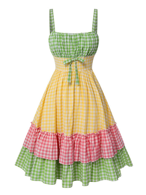 Linen Fabric Wide Strap Cottagecore Layered Ruffle Plaid Midi Dresses Linen Fabric Wide Strap Cottagecore Layered Ruffle Plaid Midi Dresses
