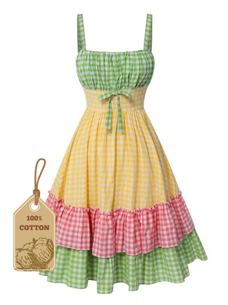 She slips into this Multicolor 1950s Pure Cotton Straps Plaid Dress and suddenly it's a 1950s daydream