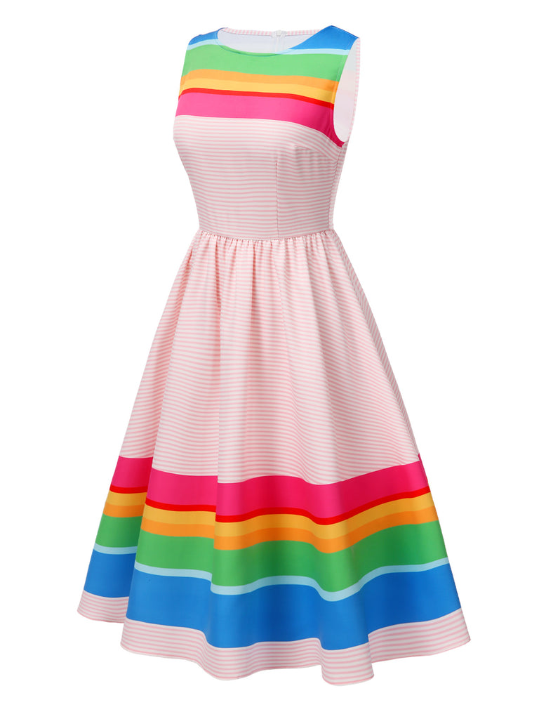 Pride Outfits Rainbow Striped Sleeveless Swing Dress Pink Pride Outfits Rainbow Striped Sleeveless Swing Dress Pink