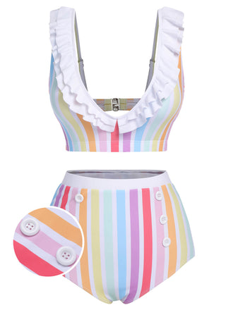 Multicolor 1950s Rainbow Stripes Swimsuit, vintage swimsuit, pin-up swimwear - perfect for women who love vintage and retro fashion