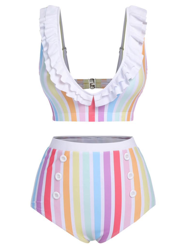 Multicolor 1950s Rainbow Stripes Swimsuit, vintage swimsuit, pin-up swimwear - perfect for women who love vintage and retro fashion