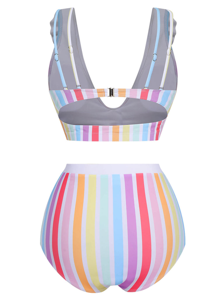 Multicolor 1950s Rainbow Stripes Swimsuit, vintage swimsuit, pin-up swimwear - perfect for women who love vintage and retro fashion