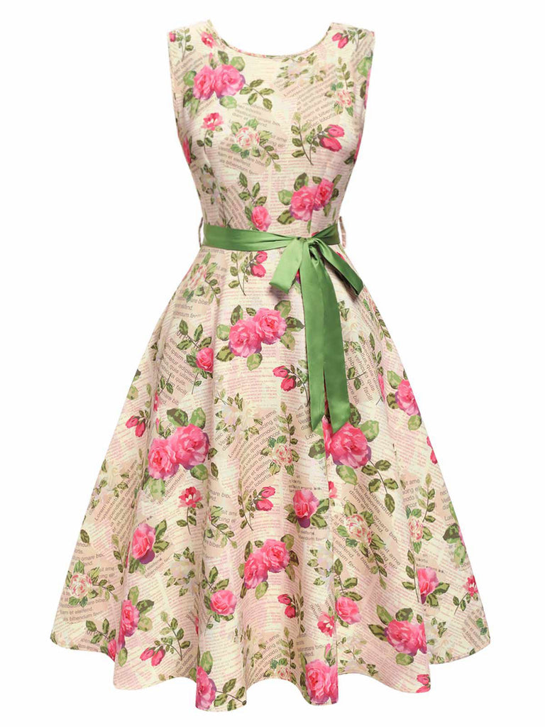 Retro Stage 1950s Pink Floral Romantic Whimsical Midi Dress
