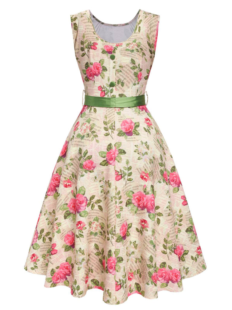 vintage rose dress Retro Stage 1950s Pink Floral Romantic Whimsical Midi Dress