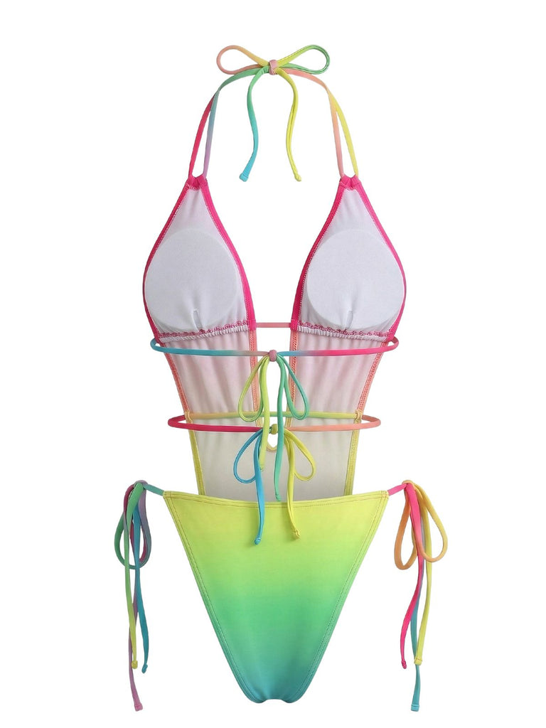 Multicolor 1950s Ruched Gradient Beach One-Piece Swimsuit