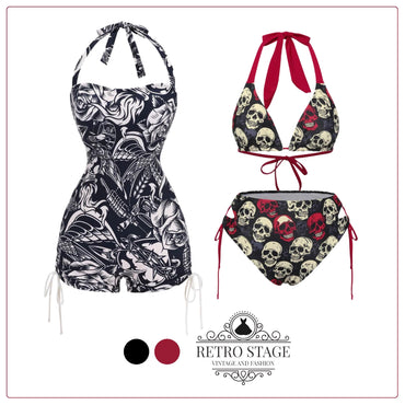 She's wearing Multicolor 1950s Skull Halter Swimsuit and the whole beach remembers the 1950s