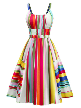 Multicolor 1950s Tie Back Barcode Stripe Dress - vintage dress, retro fashion, rockabilly