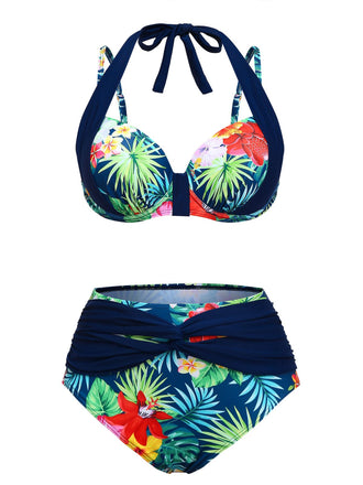 She's wearing Multicolor 1950s Tropical Plants Patchwork Bikini Set and the whole beach remembers the 1950s