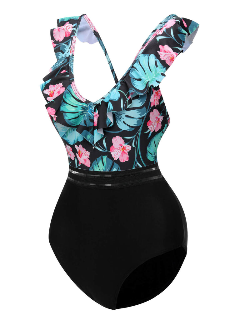 Multicolor 1950s Tropical Ruffle Swimsuit, vintage swimsuit, pin-up swimwear - perfect for women who love vintage and retro fashion